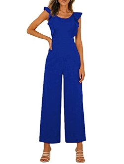 Women's Summer Backless Jumpsuits Casual Ruffle Cap Sleeve One Piece Wide Leg Pants Romper