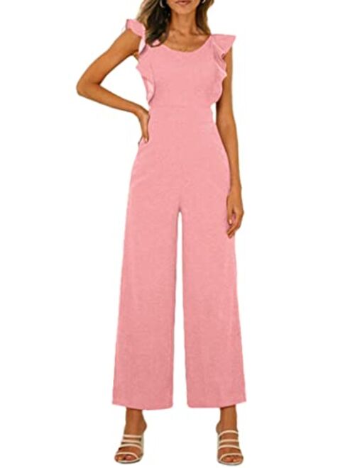 PRETTYGARDEN Women's Summer Backless Jumpsuits Casual Ruffle Cap Sleeve One Piece Wide Leg Pants Romper