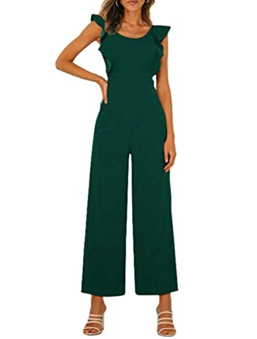 PRETTYGARDEN Women's Summer Backless Jumpsuits Casual Ruffle Cap Sleeve One Piece Wide Leg Pants Romper