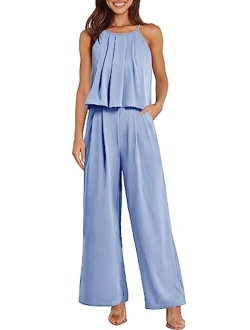 PRETTYGRADEN Women's Casual Summer Sleeveless Jumpsuit Halter Neck Wide Leg Pants Rompers One Piece Outfits