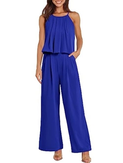 PRETTYGRADEN Women's Casual Summer Sleeveless Jumpsuit Halter Neck Wide Leg Pants Rompers One Piece Outfits