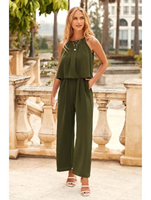 Prettygarden PRETTYGRADEN Women's Casual Summer Sleeveless Jumpsuit Halter Neck Wide Leg Pants Rompers One Piece Outfits