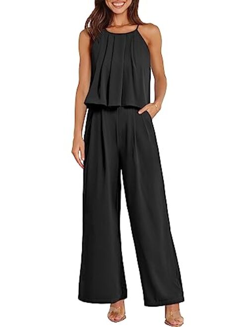 Prettygarden PRETTYGRADEN Women's Casual Summer Sleeveless Jumpsuit Halter Neck Wide Leg Pants Rompers One Piece Outfits