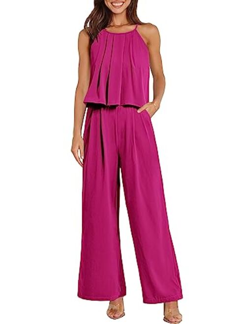 Prettygarden PRETTYGRADEN Women's Casual Summer Sleeveless Jumpsuit Halter Neck Wide Leg Pants Rompers One Piece Outfits