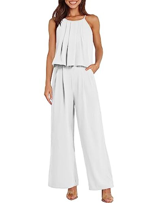 Prettygarden PRETTYGRADEN Women's Casual Summer Sleeveless Jumpsuit Halter Neck Wide Leg Pants Rompers One Piece Outfits