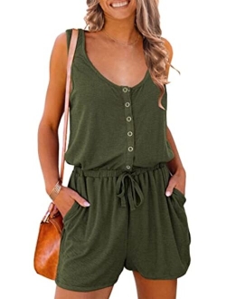 Women's Summer Casual Shorts Jumpsuit Plain Scoop Neck Button Down Sleeveless Tank Top Rompers With Pockets