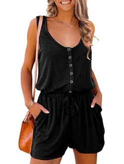 Women's Summer Casual Shorts Jumpsuit Plain Scoop Neck Button Down Sleeveless Tank Top Rompers With Pockets