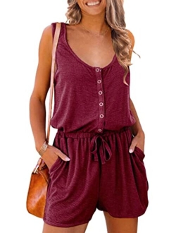 Women's Summer Casual Shorts Jumpsuit Plain Scoop Neck Button Down Sleeveless Tank Top Rompers With Pockets