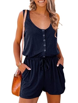 Women's Summer Casual Shorts Jumpsuit Plain Scoop Neck Button Down Sleeveless Tank Top Rompers With Pockets