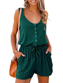 Women's Summer Casual Shorts Jumpsuit Plain Scoop Neck Button Down Sleeveless Tank Top Rompers With Pockets