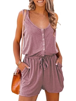 Women's Summer Casual Shorts Jumpsuit Plain Scoop Neck Button Down Sleeveless Tank Top Rompers With Pockets