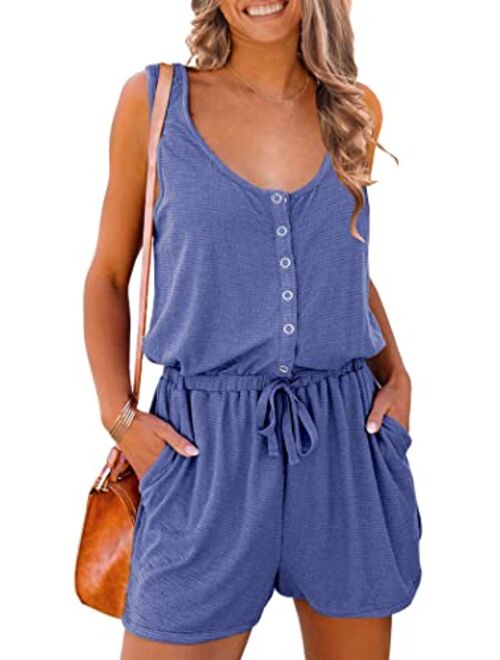 PRETTYGARDEN Women's Summer Casual Shorts Jumpsuit Plain Scoop Neck Button Down Sleeveless Tank Top Rompers With Pockets