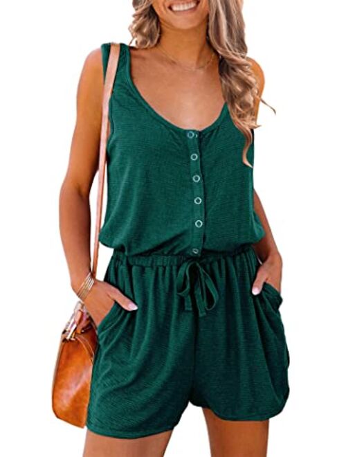 PRETTYGARDEN Women's Summer Casual Shorts Jumpsuit Plain Scoop Neck Button Down Sleeveless Tank Top Rompers With Pockets