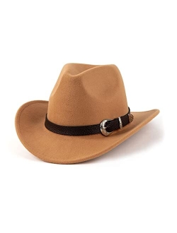 EOGIMI Western Cowboy Hats for Women Men Felt Wide Brim Panama Hat with Belt Buckle