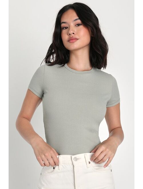 Lulus Effortless Upgrade Sage Green Ribbed Short Sleeve Top