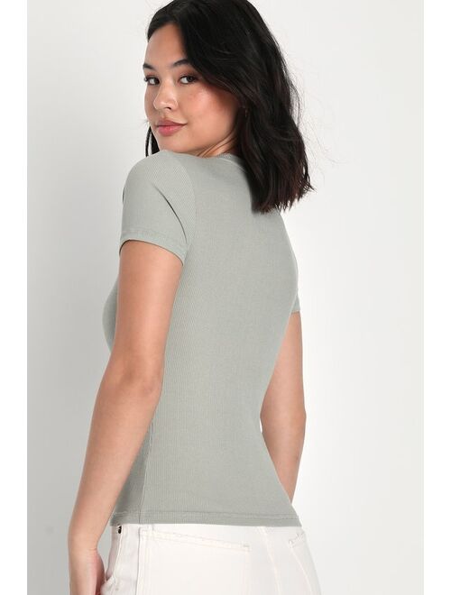 Lulus Effortless Upgrade Sage Green Ribbed Short Sleeve Top