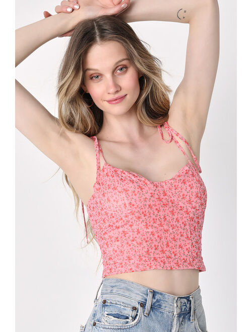 Lulus Summer Senses Pink Floral Print Tie-Strap Crop Top