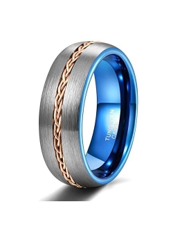 TRUMIUM 8mm Mens Tungsten Ring Grooved Gold Rope Rings Braided lnlay Wedding Band Matte Finished Comfort Fit Size 7-13