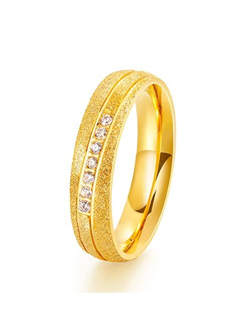 TRUMIUM 6mm Gold Rings for Women Mens Wedding Band Groove Stainless Steel Cubic Zirconia Ring Sandblasted Matte Finished Comfort Fit Size 6-13