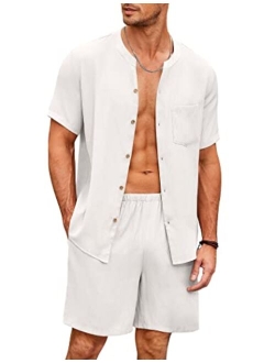 Men's Pajamas Set Short Sleeve Button Down Sleepwear Shorts Loungewear Outfits Tracksuits with Pockets