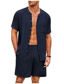 Men's Pajamas Set Short Sleeve Button Down Sleepwear Shorts Loungewear Outfits Tracksuits with Pockets