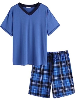 Mens Pajama Set Short Sleeve V Neck 2 Piece Nightwear Shorts With Pockets Summer Sleepwear PJS for Men