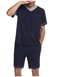 Mens Pajama Set Short Sleeve V Neck 2 Piece Nightwear Shorts With Pockets Summer Sleepwear PJS for Men