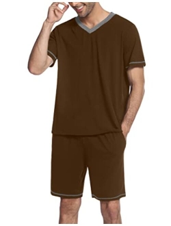 Mens Pajama Set Short Sleeve V Neck 2 Piece Nightwear Shorts With Pockets Summer Sleepwear PJS for Men