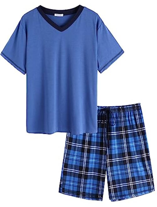 Ekouaer Mens Pajama Set Short Sleeve V Neck 2 Piece Nightwear Shorts With Pockets Summer Sleepwear PJS for Men