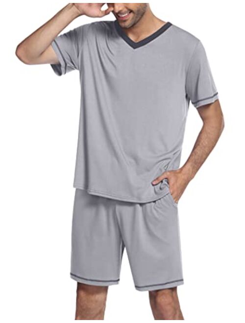 Ekouaer Mens Pajama Set Short Sleeve V Neck 2 Piece Nightwear Shorts With Pockets Summer Sleepwear PJS for Men