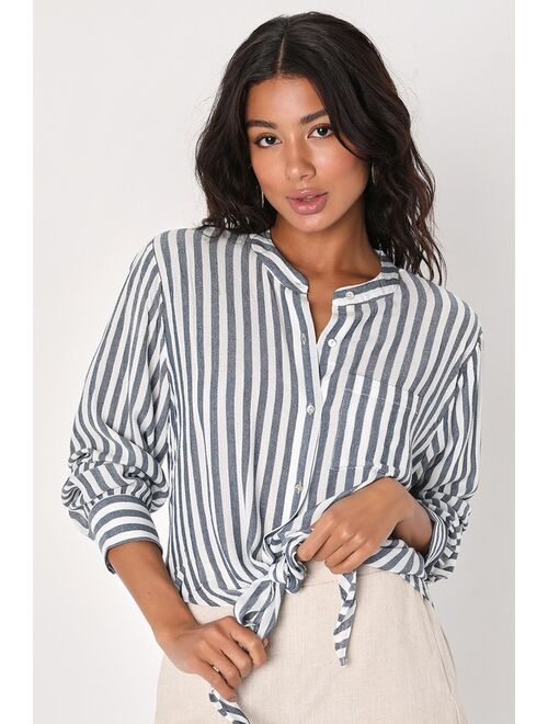 Lulus Instinctive Style White and Blue Striped Tie-Front Top