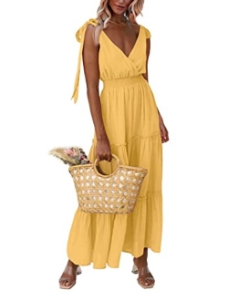 Women's Cross Neck Summer Sleeveless Tiered Maxi Dress Beach Tie Strap Smocked Long Dresses Pleated Sundress