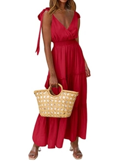 Women's Cross Neck Summer Sleeveless Tiered Maxi Dress Beach Tie Strap Smocked Long Dresses Pleated Sundress