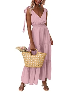 Women's Cross Neck Summer Sleeveless Tiered Maxi Dress Beach Tie Strap Smocked Long Dresses Pleated Sundress