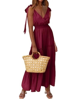 Women's Cross Neck Summer Sleeveless Tiered Maxi Dress Beach Tie Strap Smocked Long Dresses Pleated Sundress