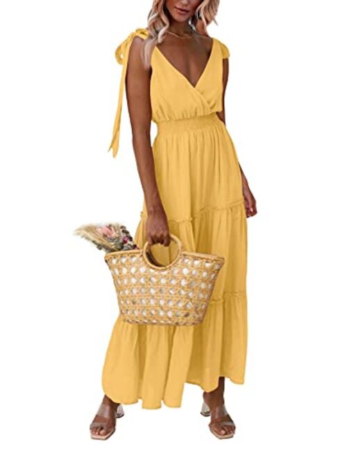 PRETTYGARDEN Women's Cross Neck Summer Sleeveless Tiered Maxi Dress Beach Tie Strap Smocked Long Dresses Pleated Sundress