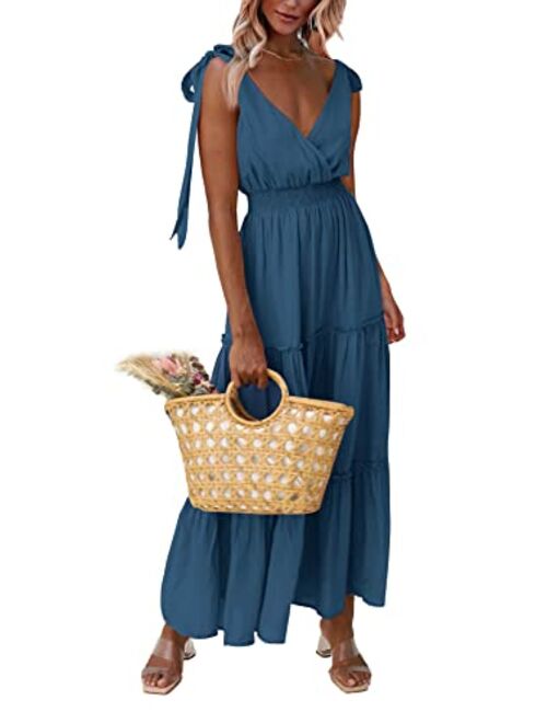 PRETTYGARDEN Women's Cross Neck Summer Sleeveless Tiered Maxi Dress Beach Tie Strap Smocked Long Dresses Pleated Sundress