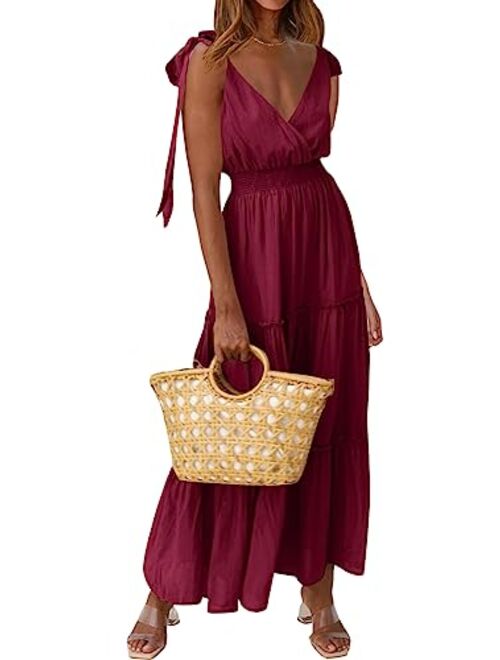 PRETTYGARDEN Women's Cross Neck Summer Sleeveless Tiered Maxi Dress Beach Tie Strap Smocked Long Dresses Pleated Sundress