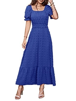 Womens Dresses 2023 Boho Dress Short Sleeve V Neck Swiss Dot Ruffle Tiered Maxi Dress Smocked Cocktail Dresses