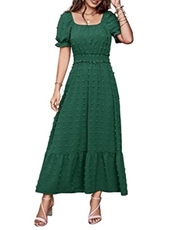 Womens Dresses 2023 Boho Dress Short Sleeve V Neck Swiss Dot Ruffle Tiered Maxi Dress Smocked Cocktail Dresses