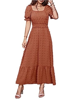 Womens Dresses 2023 Boho Dress Short Sleeve V Neck Swiss Dot Ruffle Tiered Maxi Dress Smocked Cocktail Dresses