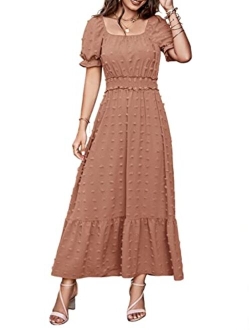 Womens Dresses 2023 Boho Dress Short Sleeve V Neck Swiss Dot Ruffle Tiered Maxi Dress Smocked Cocktail Dresses