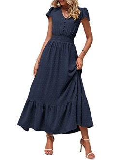 Womens Dresses 2023 Boho Dress Short Sleeve V Neck Swiss Dot Ruffle Tiered Maxi Dress Smocked Cocktail Dresses