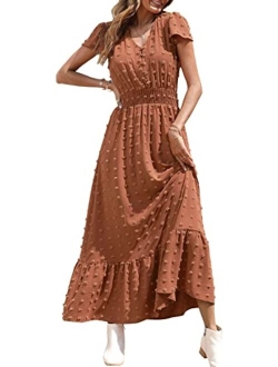 Womens Dresses 2023 Boho Dress Short Sleeve V Neck Swiss Dot Ruffle Tiered Maxi Dress Smocked Cocktail Dresses