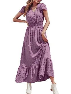 Womens Dresses 2023 Boho Dress Short Sleeve V Neck Swiss Dot Ruffle Tiered Maxi Dress Smocked Cocktail Dresses