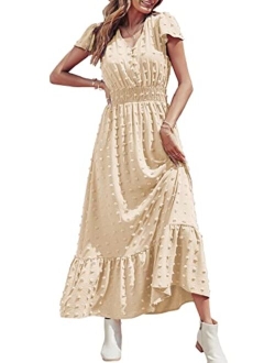 Womens Dresses 2023 Boho Dress Short Sleeve V Neck Swiss Dot Ruffle Tiered Maxi Dress Smocked Cocktail Dresses