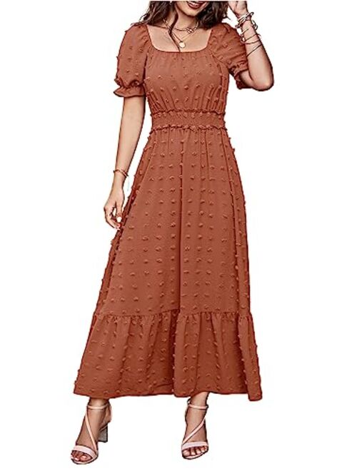 PRETTYGARDEN Womens Dresses 2023 Boho Dress Short Sleeve V Neck Swiss Dot Ruffle Tiered Maxi Dress Smocked Cocktail Dresses