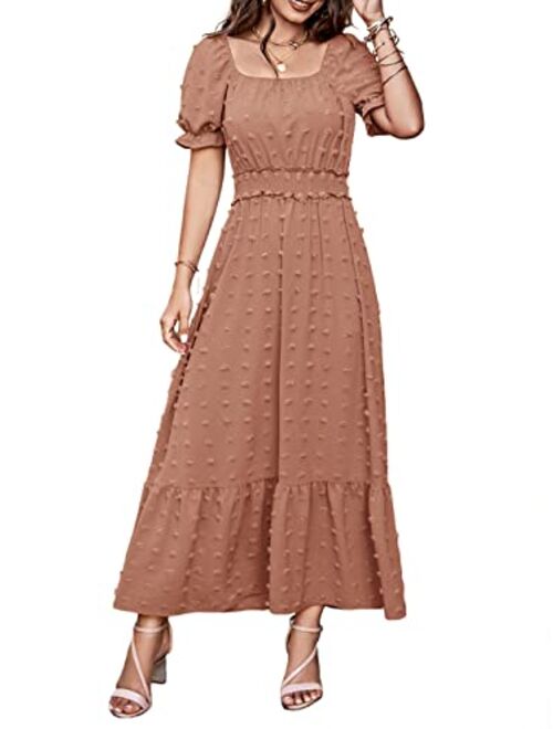 PRETTYGARDEN Womens Dresses 2023 Boho Dress Short Sleeve V Neck Swiss Dot Ruffle Tiered Maxi Dress Smocked Cocktail Dresses