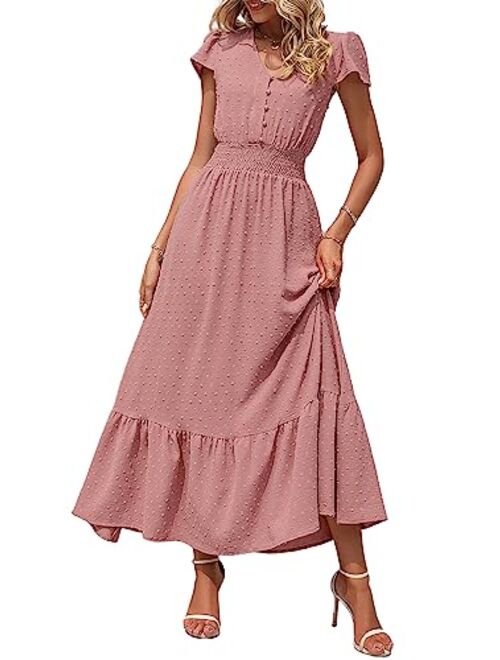 PRETTYGARDEN Womens Dresses 2023 Boho Dress Short Sleeve V Neck Swiss Dot Ruffle Tiered Maxi Dress Smocked Cocktail Dresses