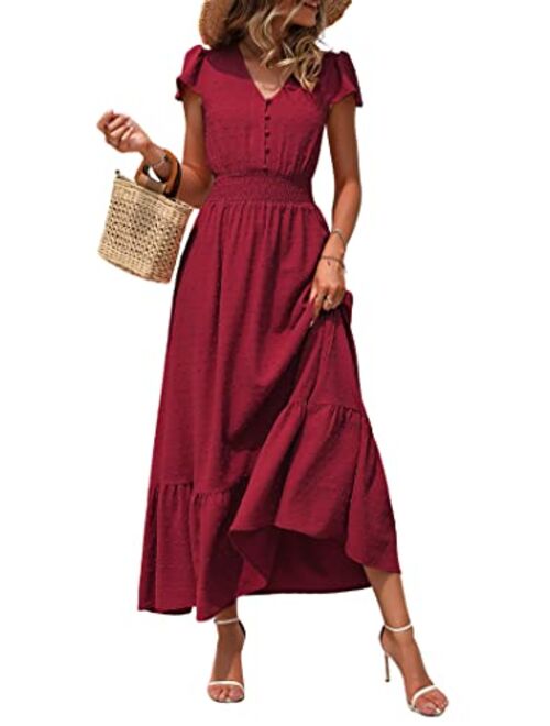 PRETTYGARDEN Womens Dresses 2023 Boho Dress Short Sleeve V Neck Swiss Dot Ruffle Tiered Maxi Dress Smocked Cocktail Dresses